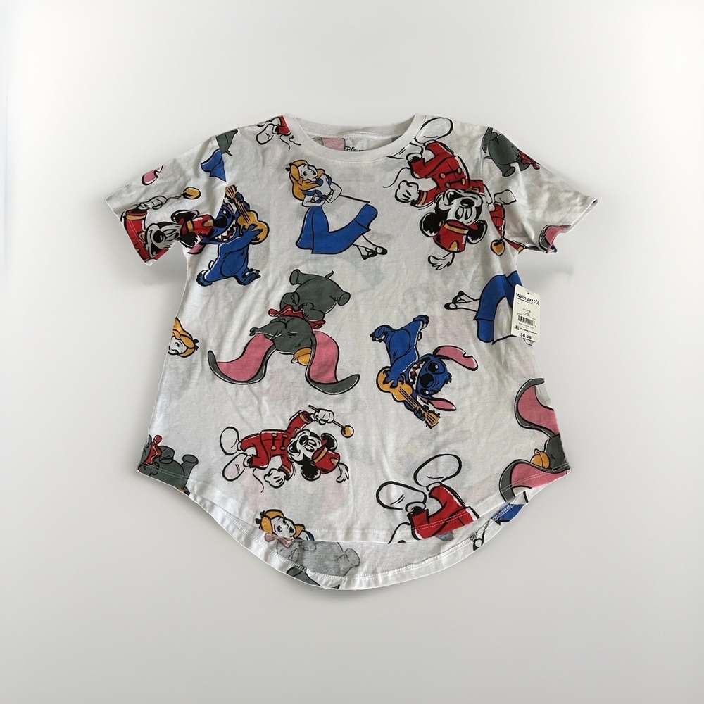 Disney 100 Graphic Tshirt SzL AOP Multi Character Dumbo Stitch Mickey Alice NWT